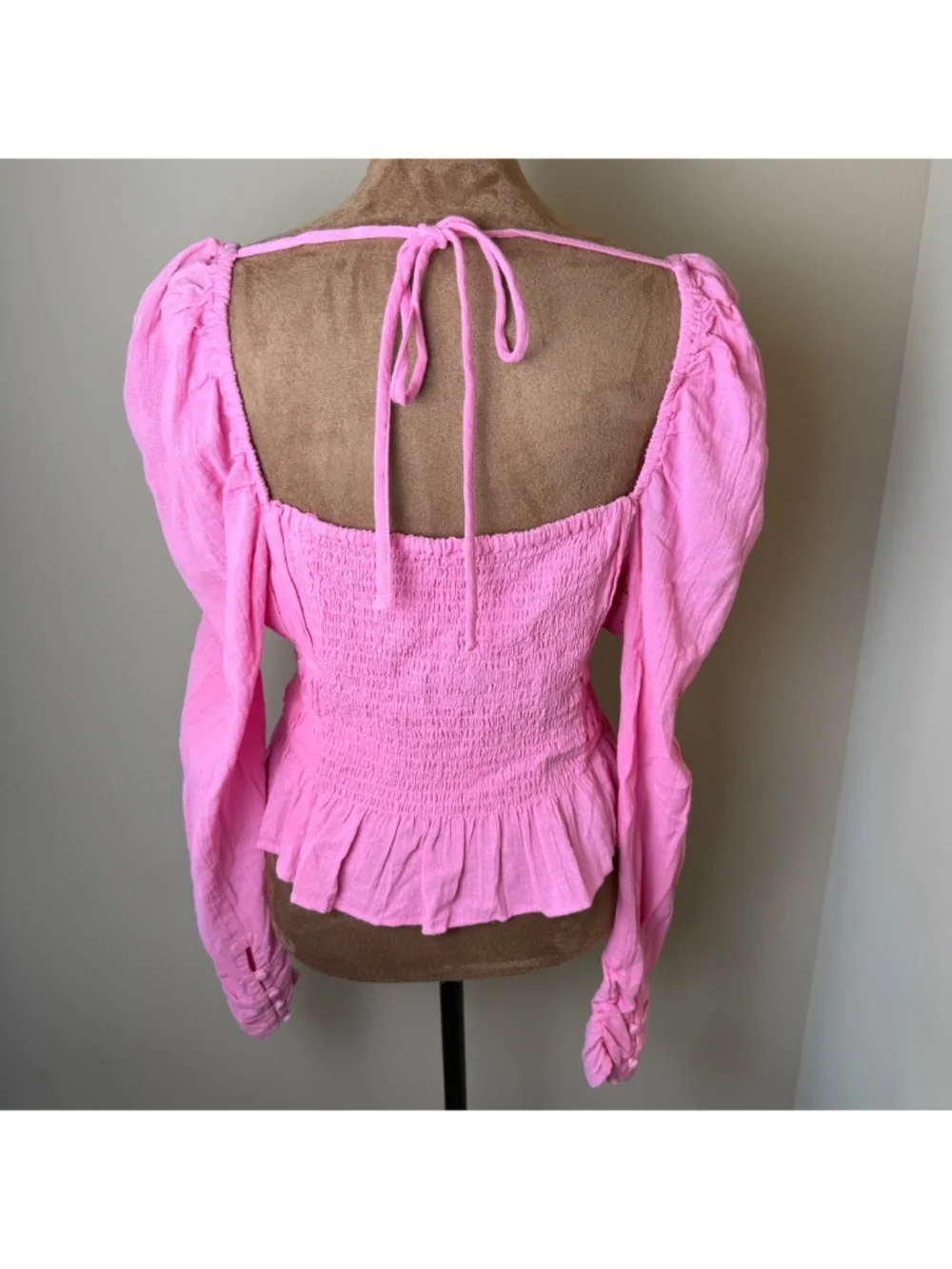 Free People Chloe Milkmaid Blouse Womens Medium Pink Smocked Puff Sleeve Shirt